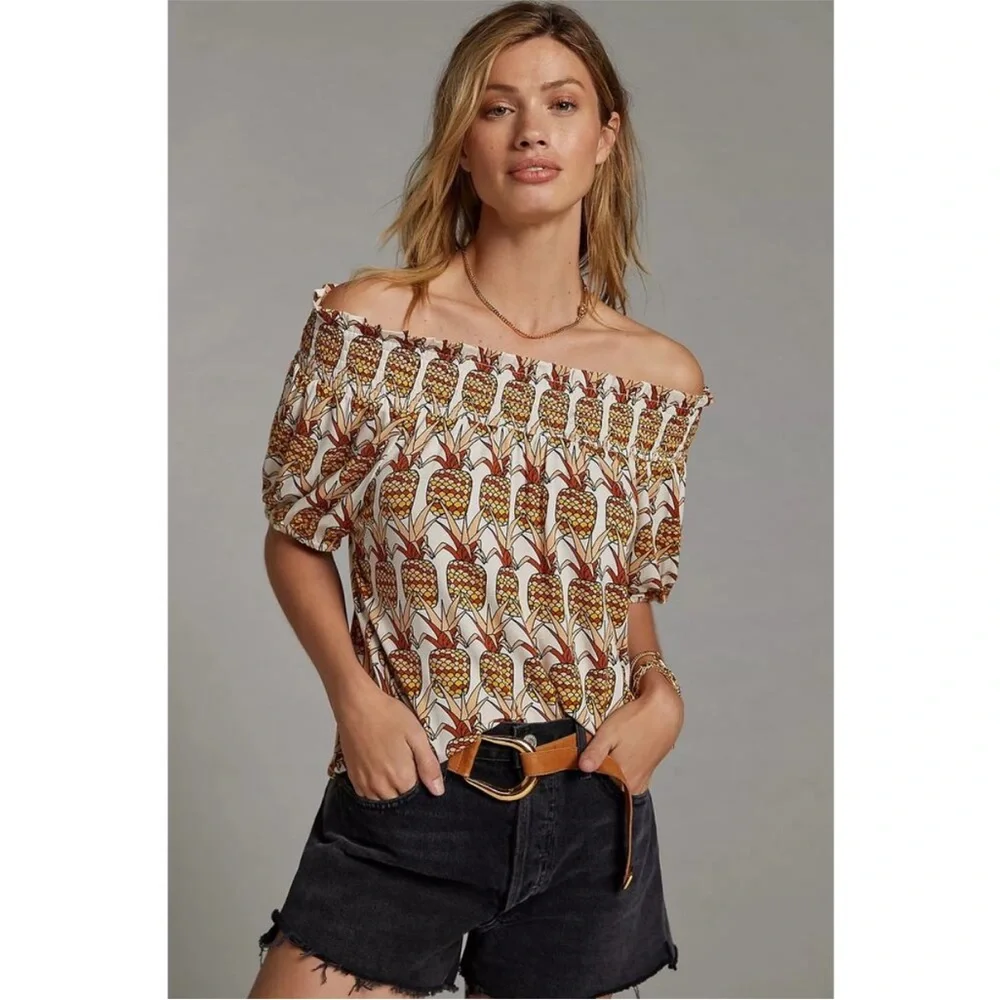 Anthropologie Porridge Printed Bow Back Top Pineapple New Off The Shoulder Small - Picture 4 of 9